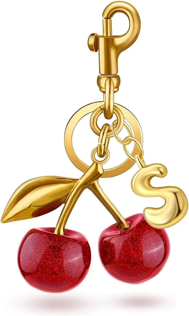 Cherry Purse Charm Bag Charms - Cute Keychain For Women Tote Handbags Accessories Gold Bubble Initial Key chains Set