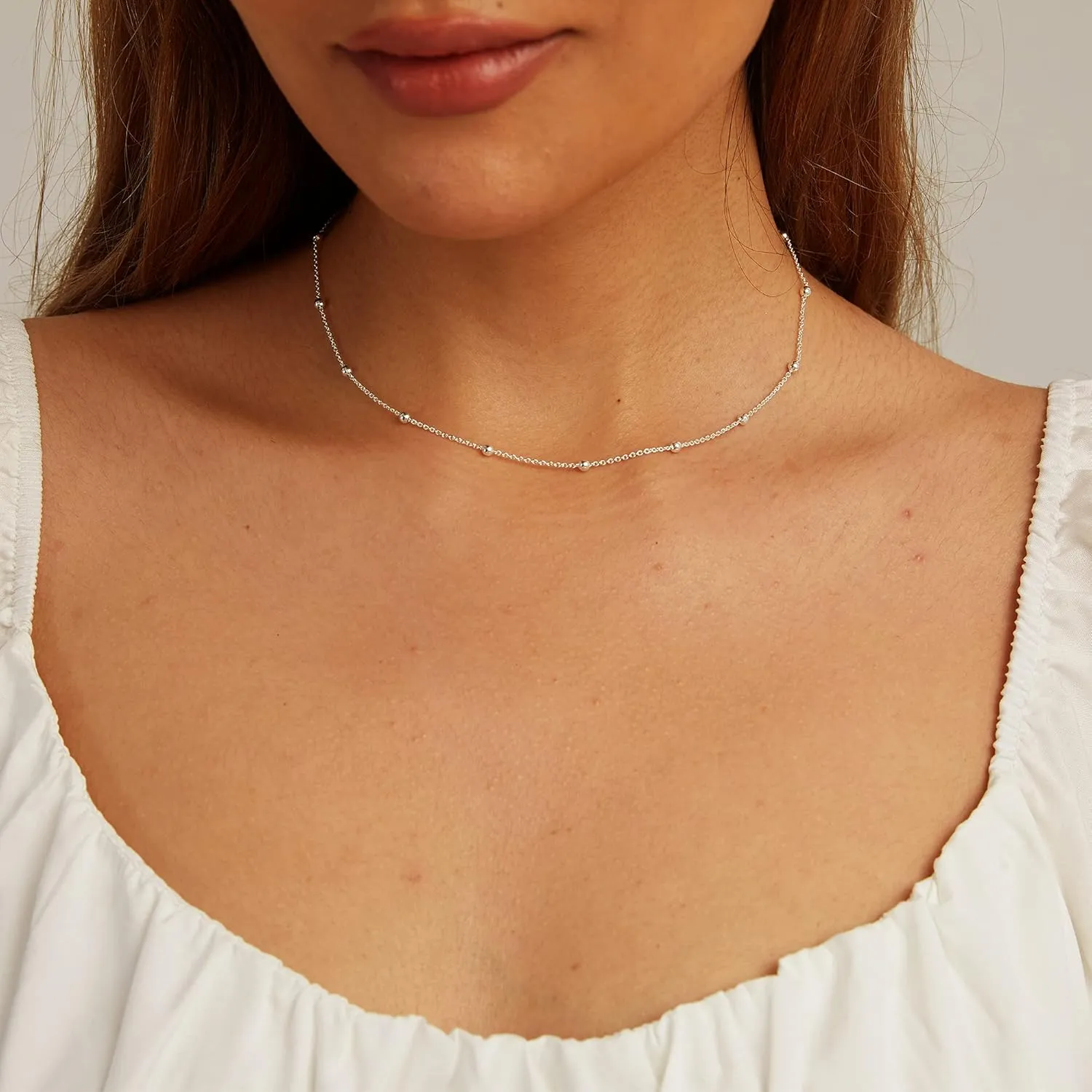 CHESKY Dainty Gold Necklace for Women, Trendy 14k Gold Plated/Sterling Silver Satellite Choker Necklace Thin Beaded Layered Choker Necklaces Discs Paperclip Chain Necklaces Womens Simple Jewelry Gift