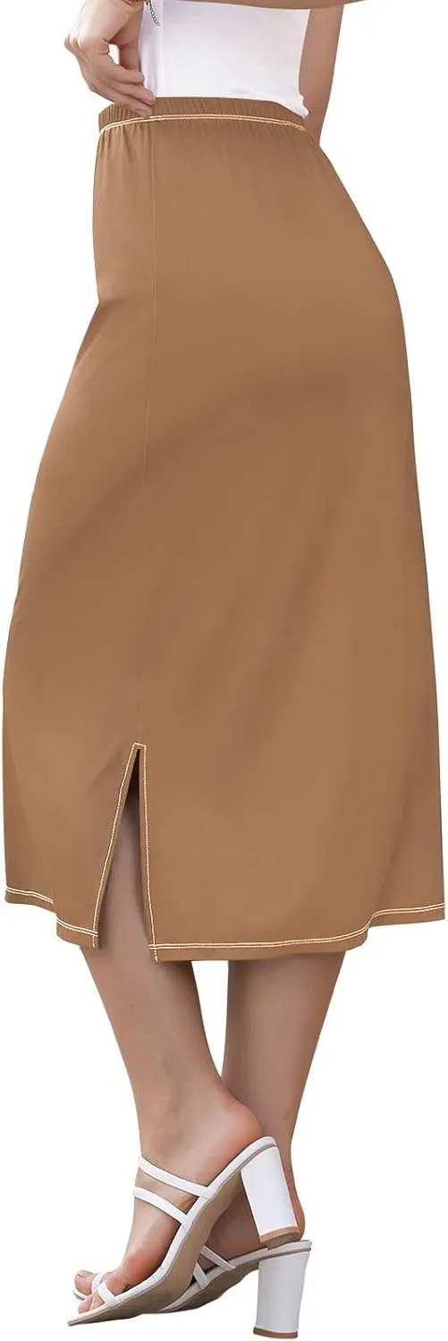 CHIFIGNO Womens Skirt Midi Length Modest Casual Skirt Pull on Midi Skirt for Cocktail Party Wedding