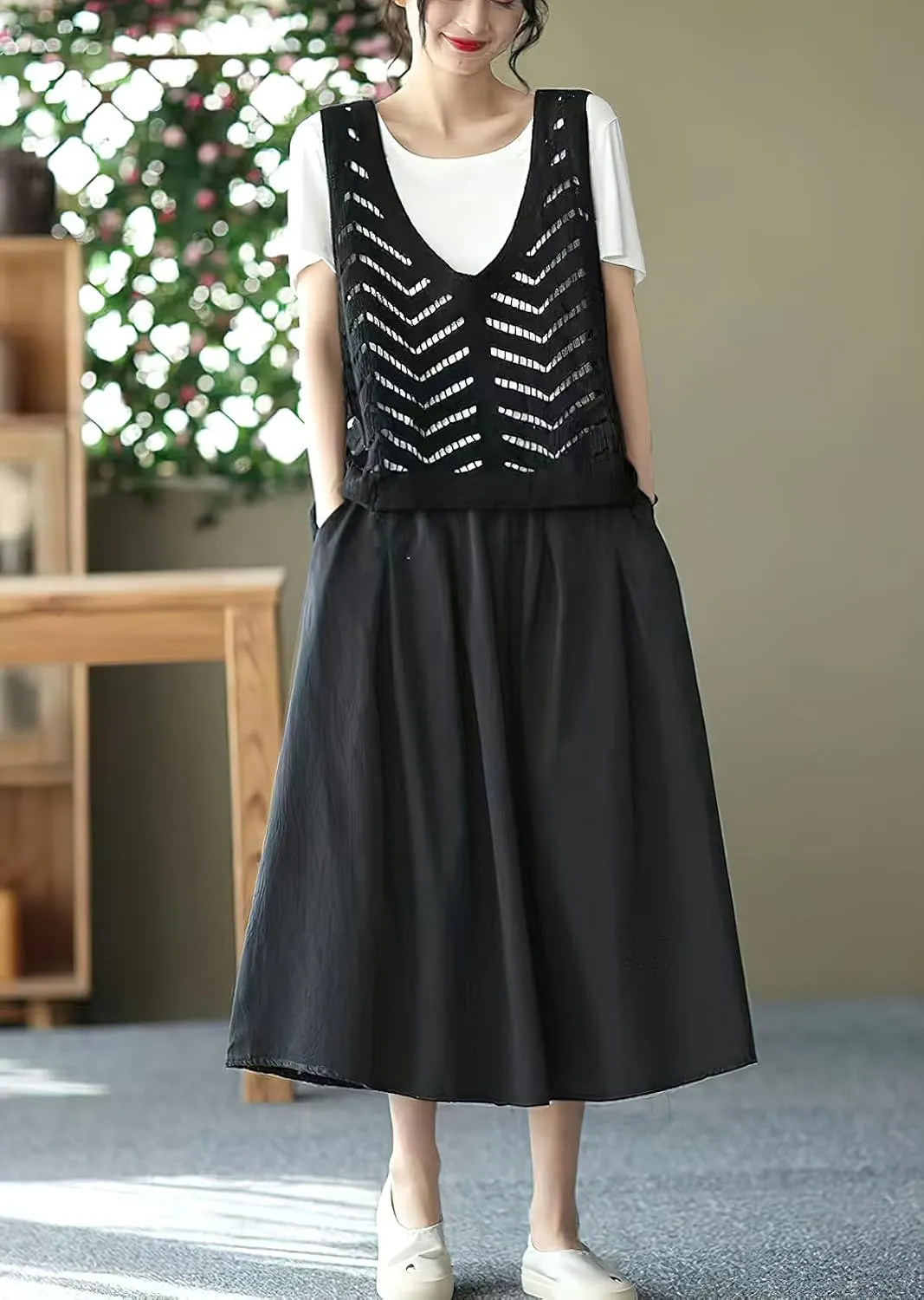 chouyatou Women's Casual Elegant Loose Baggy Elastic High Waist A Line Flare Midi Cotton Skirt