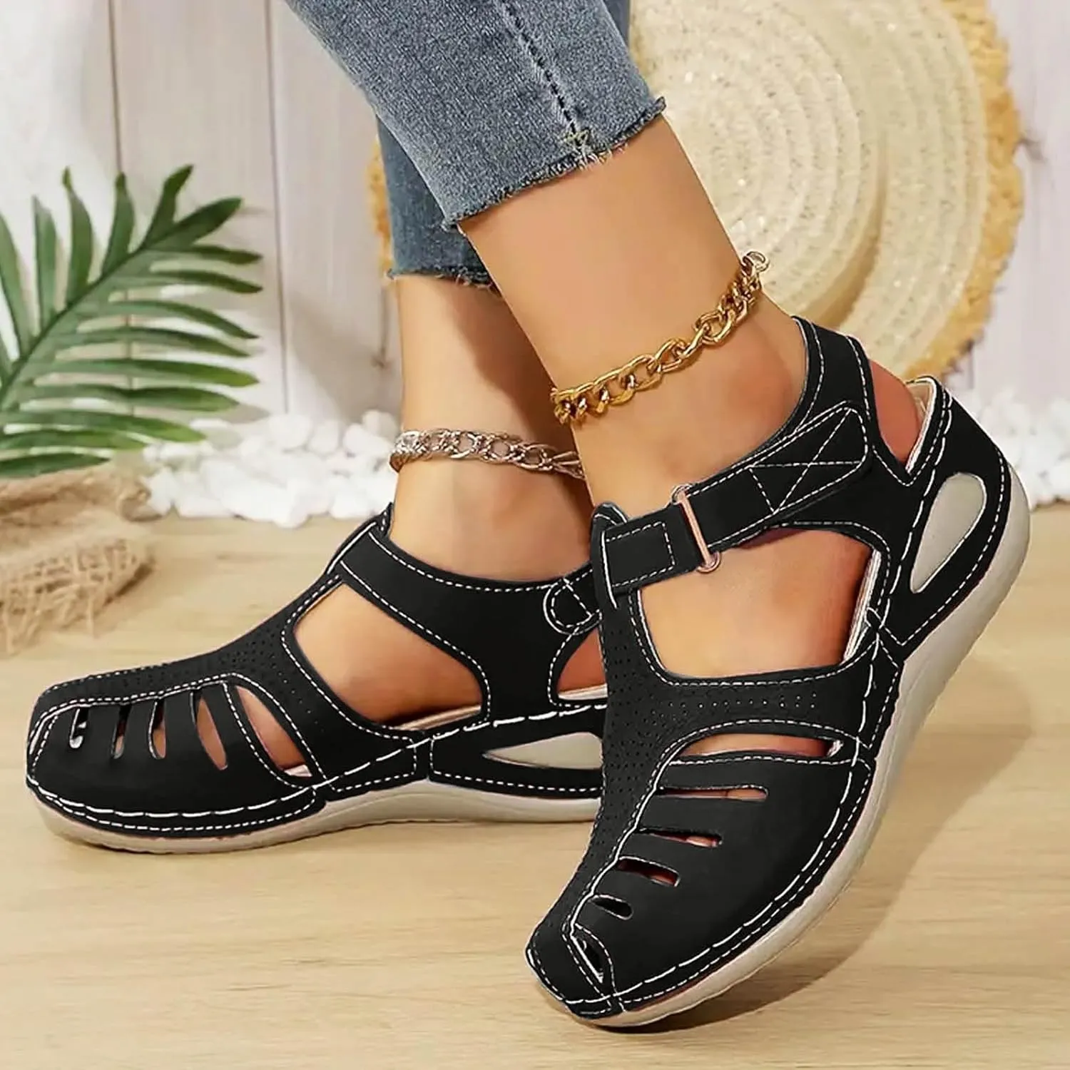 Closed Toe Sandals Women Flat Dressy Comfortable Slip On Sandals Non Slip Platform Wedge Sandals Walking Sandals