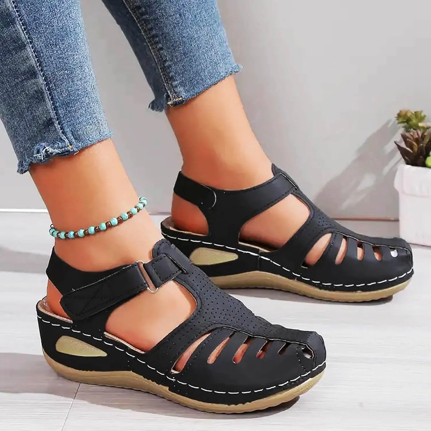 Closed Toe Sandals Women Flat Dressy Comfortable Slip On Sandals Non Slip Platform Wedge Sandals Walking Sandals