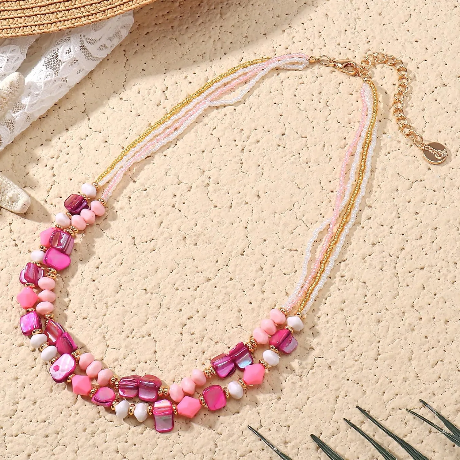 Coiris Layered Shell Beaded Necklaces for Women Handmade Boho Colored Bead Choker Necklace Holiday Style Costume Jewelry for Women