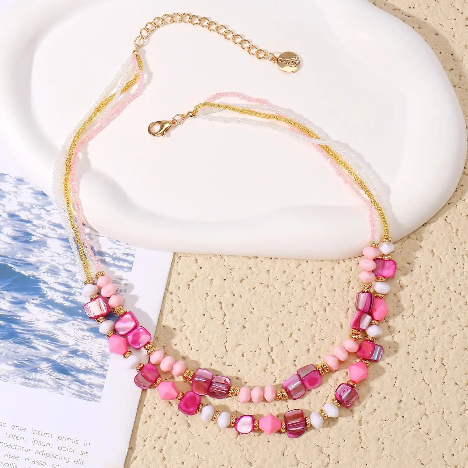 Coiris Layered Shell Beaded Necklaces for Women Handmade Boho Colored Bead Choker Necklace Holiday Style Costume Jewelry for Women
