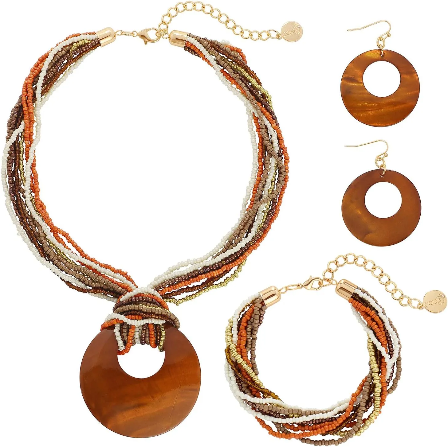 Coiris Multi Strand Statement Colorful Beaded Necklace with Big Circle Shell Pendant for Women