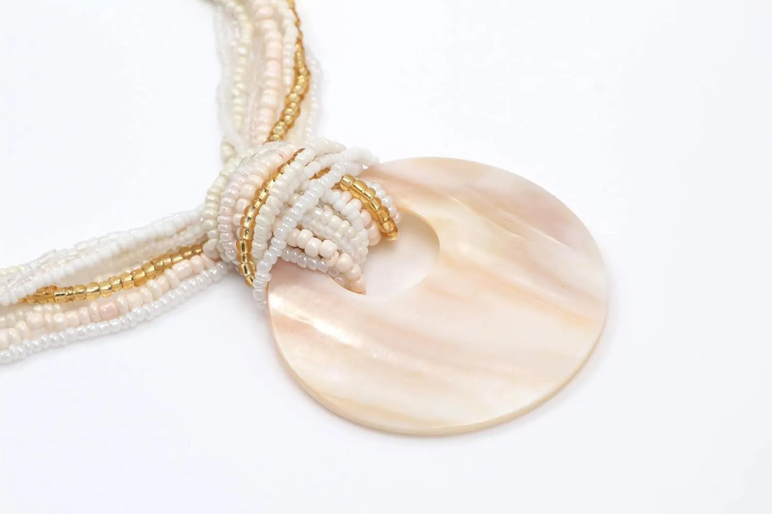 Coiris Multi Strand Statement Colorful Beaded Necklace with Big Circle Shell Pendant for Women