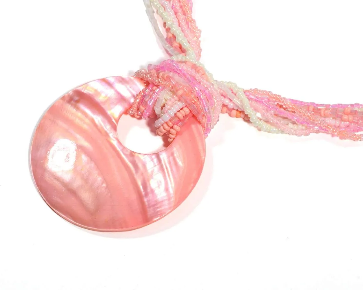 Coiris Multi Strand Statement Colorful Beaded Necklace with Big Circle Shell Pendant for Women