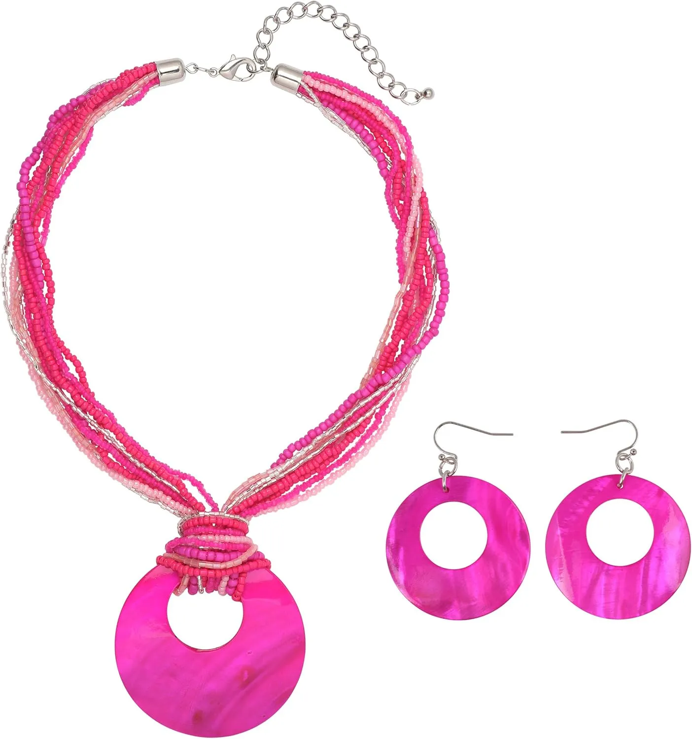 Coiris Multi Strand Statement Colorful Beaded Necklace with Big Circle Shell Pendant for Women