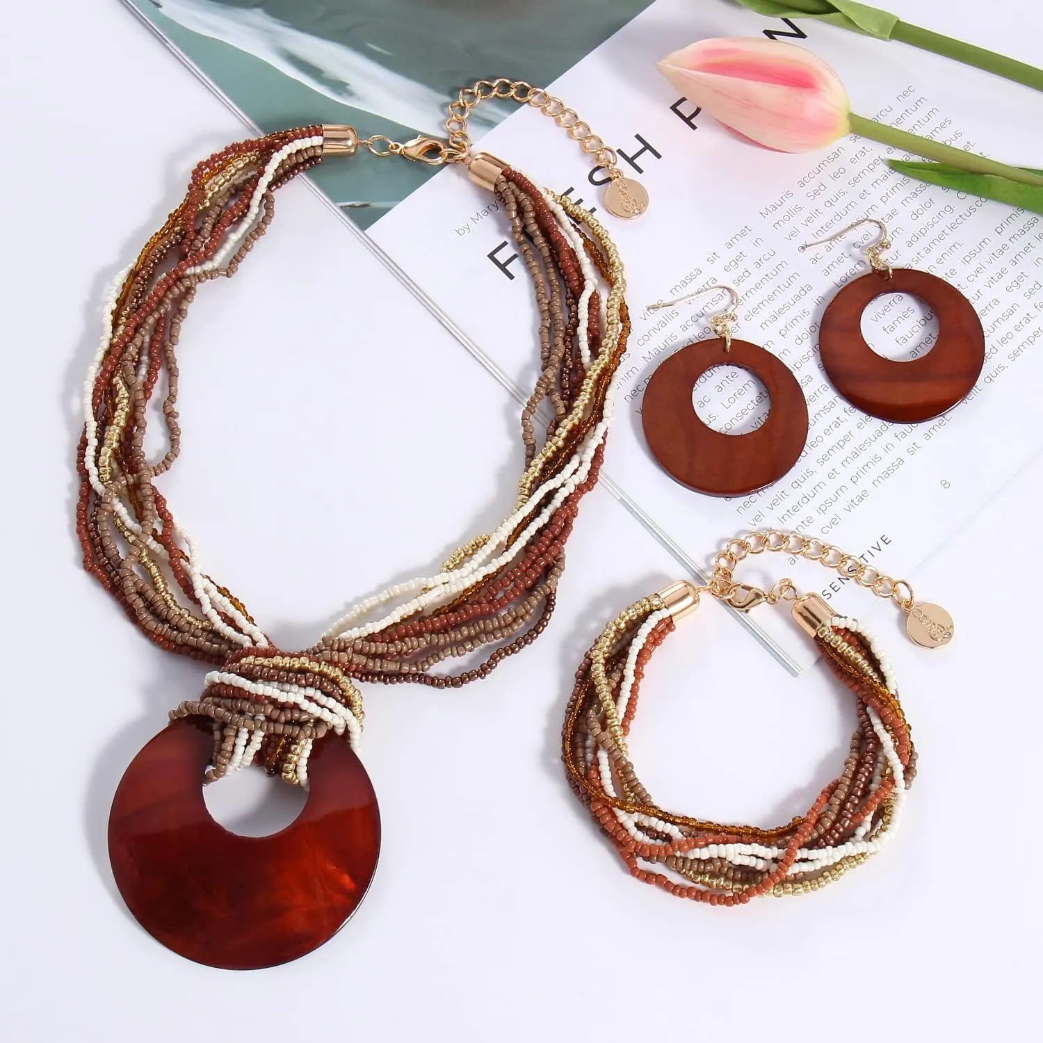 Coiris Multi Strand Statement Colorful Beaded Necklace with Big Circle Shell Pendant for Women