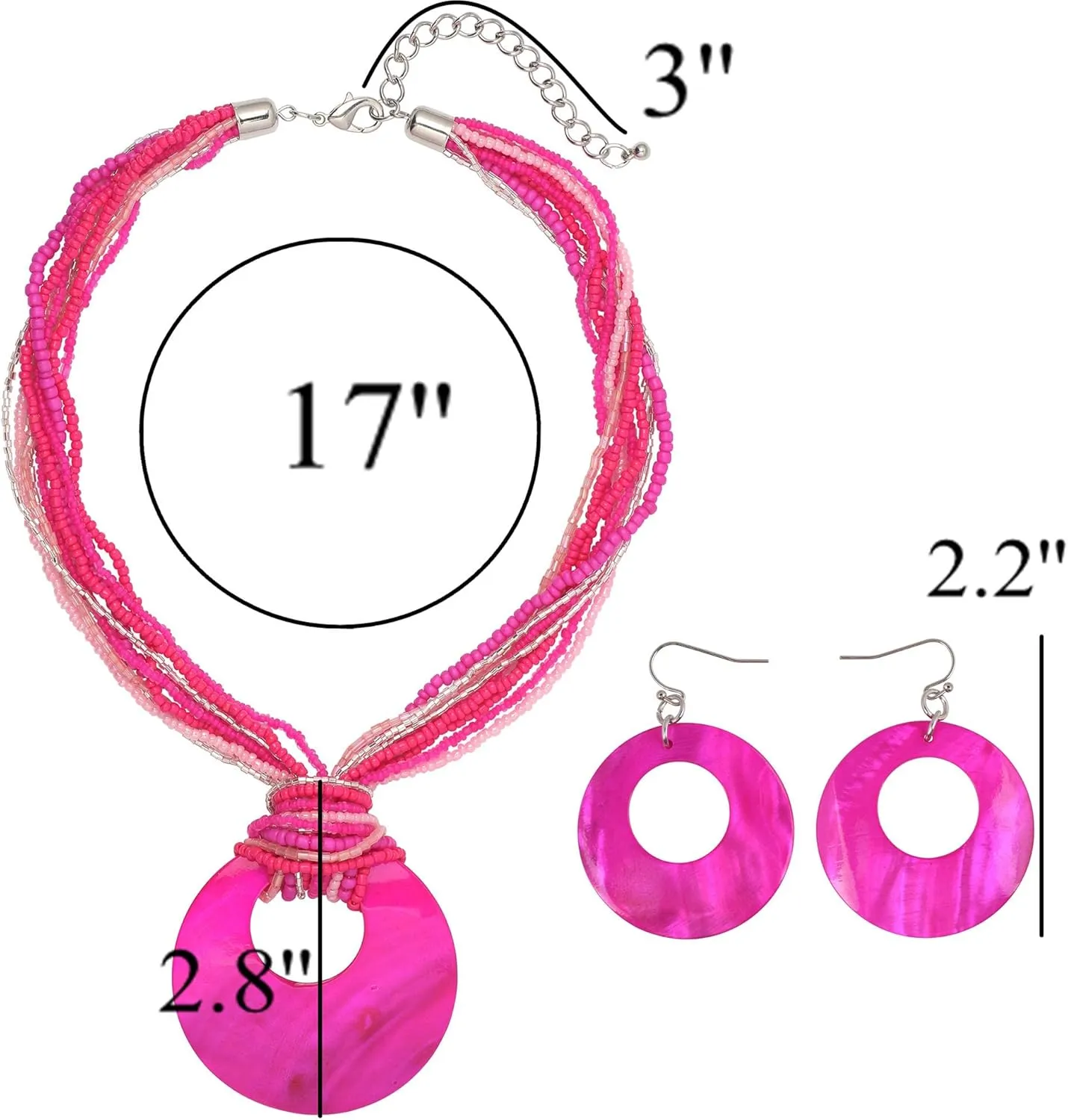 Coiris Multi Strand Statement Colorful Beaded Necklace with Big Circle Shell Pendant for Women