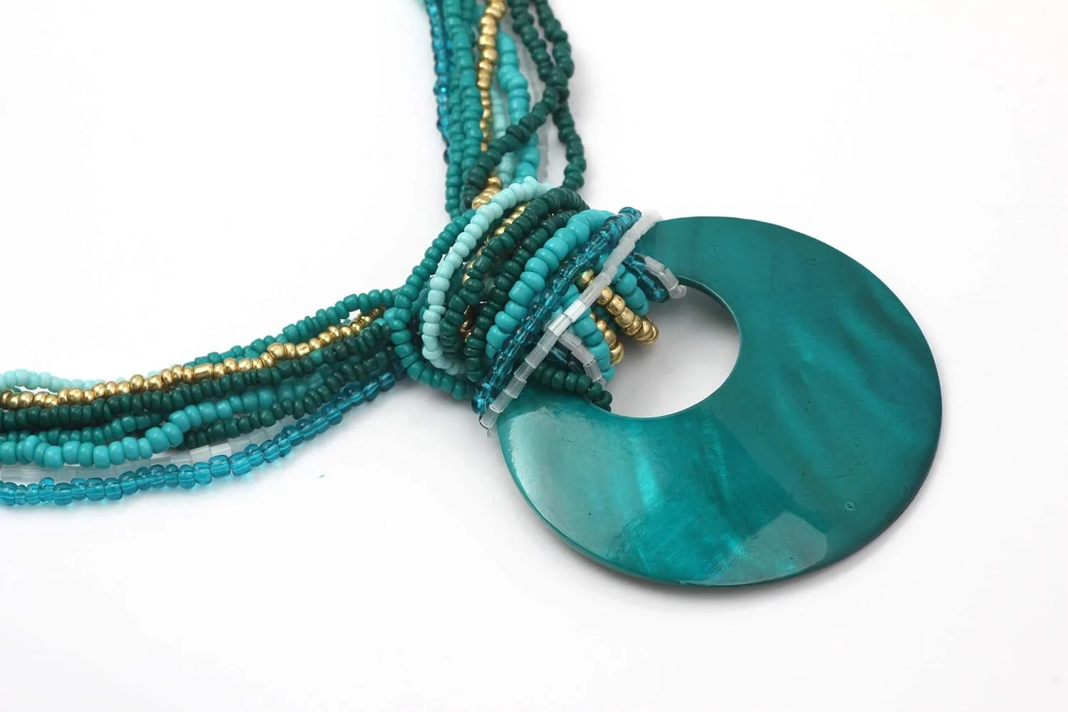 Coiris Multi Strand Statement Colorful Beaded Necklace with Big Circle Shell Pendant for Women