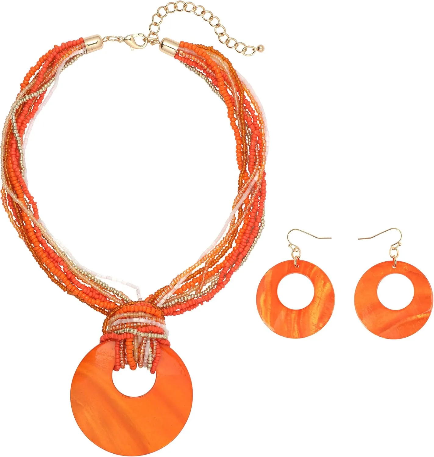 Coiris Multi Strand Statement Colorful Beaded Necklace with Big Circle Shell Pendant for Women
