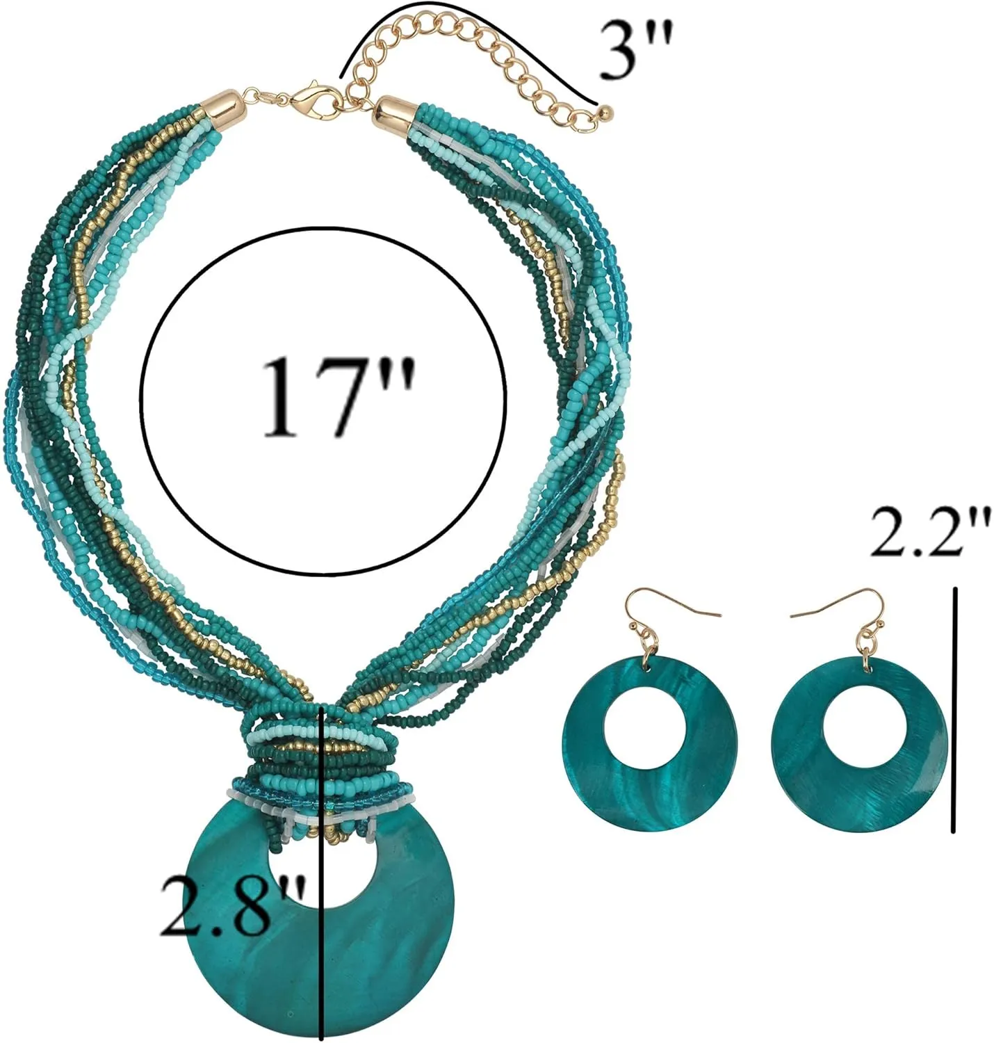 Coiris Multi Strand Statement Colorful Beaded Necklace with Big Circle Shell Pendant for Women