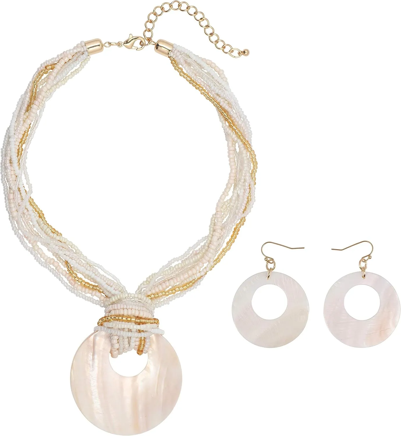 Coiris Multi Strand Statement Colorful Beaded Necklace with Big Circle Shell Pendant for Women