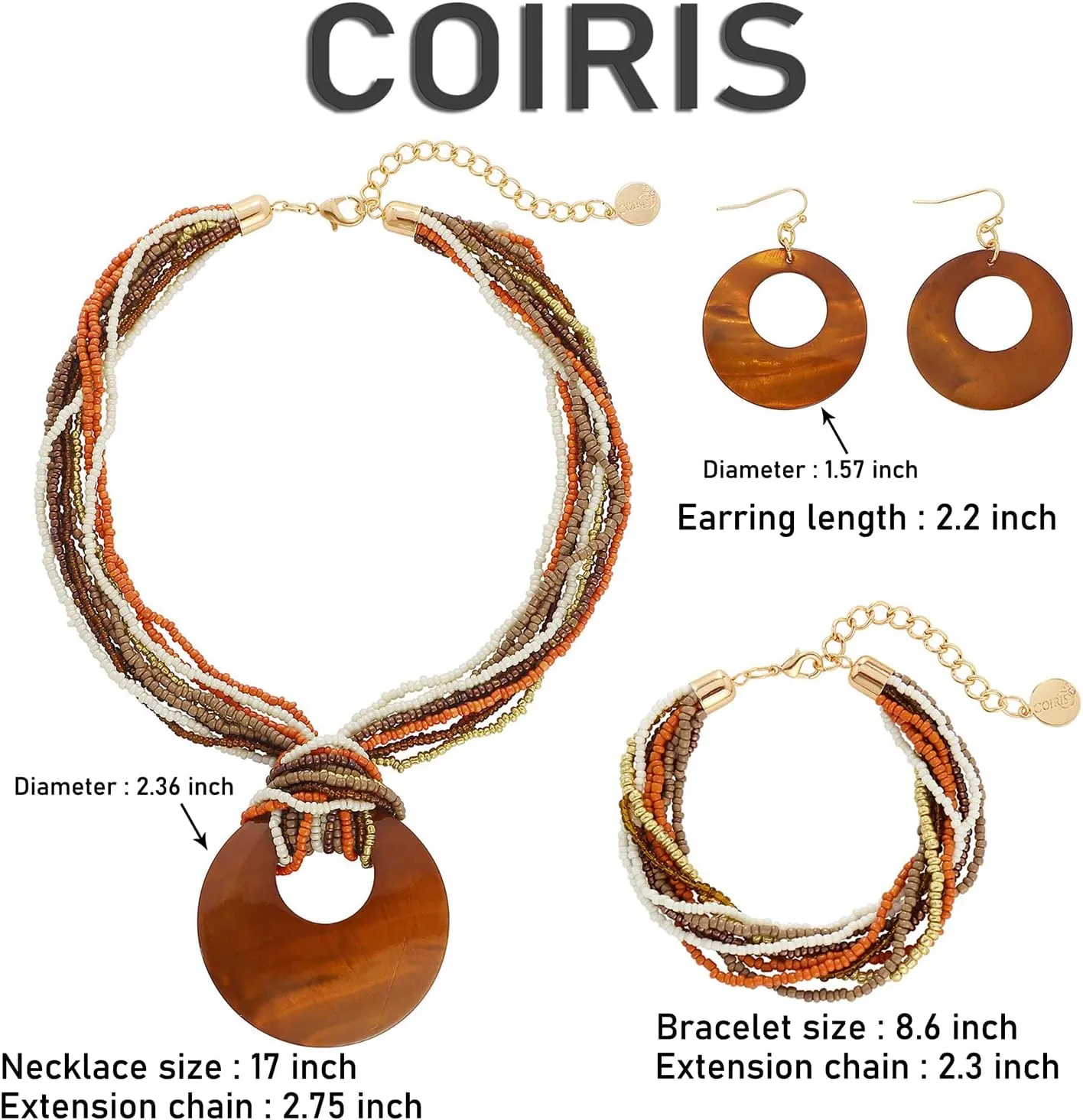 Coiris Multi Strand Statement Colorful Beaded Necklace with Big Circle Shell Pendant for Women