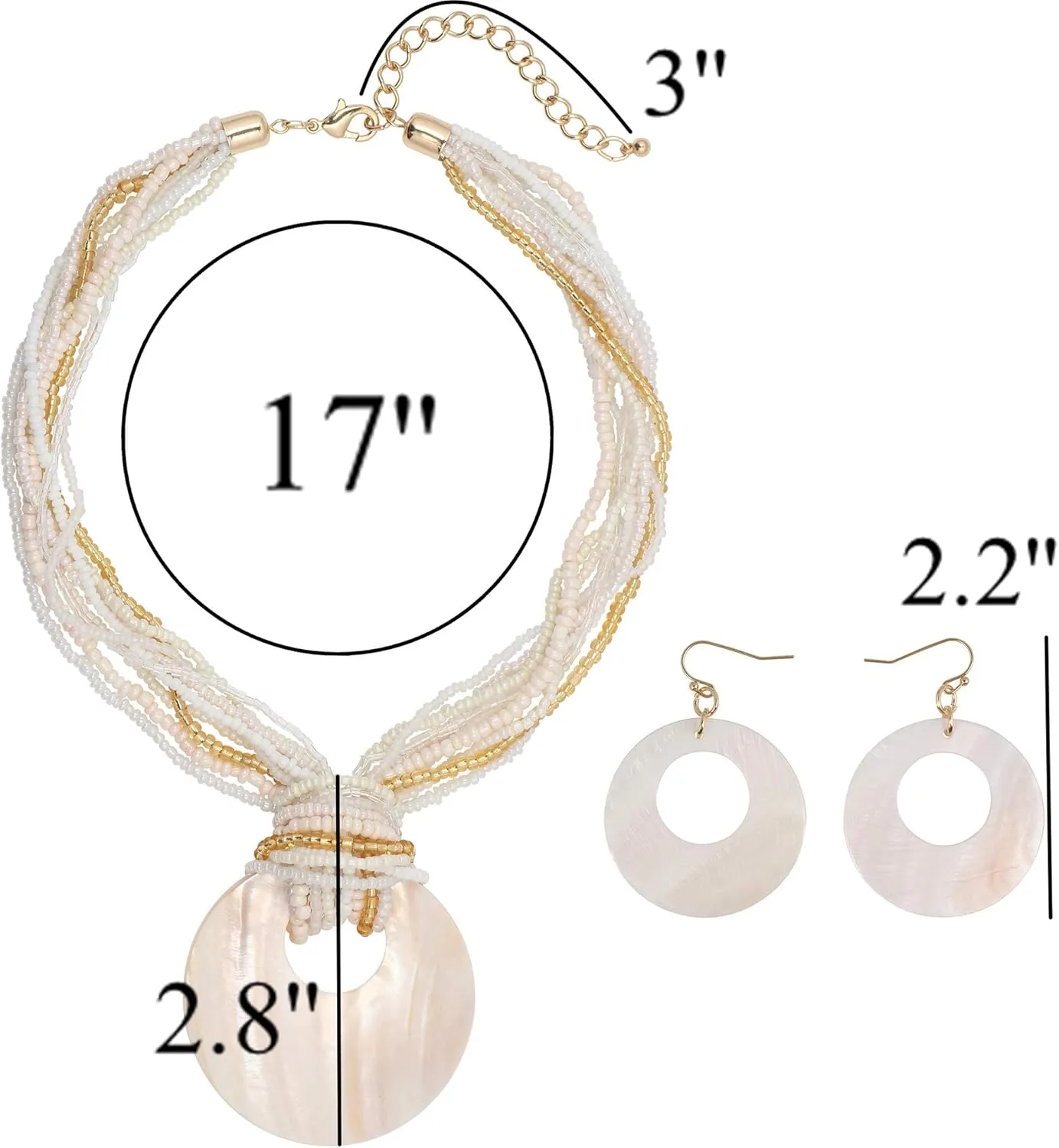 Coiris Multi Strand Statement Colorful Beaded Necklace with Big Circle Shell Pendant for Women