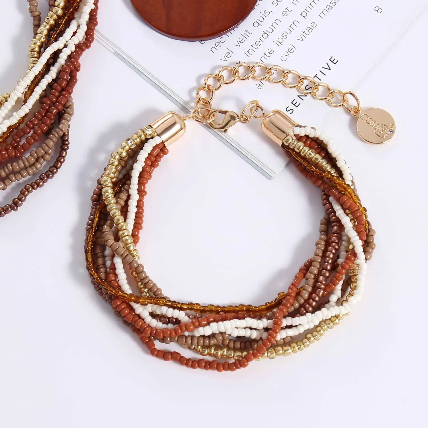 Coiris Multi Strand Statement Colorful Beaded Necklace with Big Circle Shell Pendant for Women