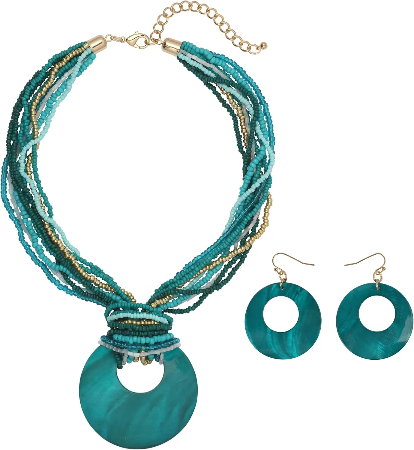 Coiris Multi Strand Statement Colorful Beaded Necklace with Big Circle Shell Pendant for Women