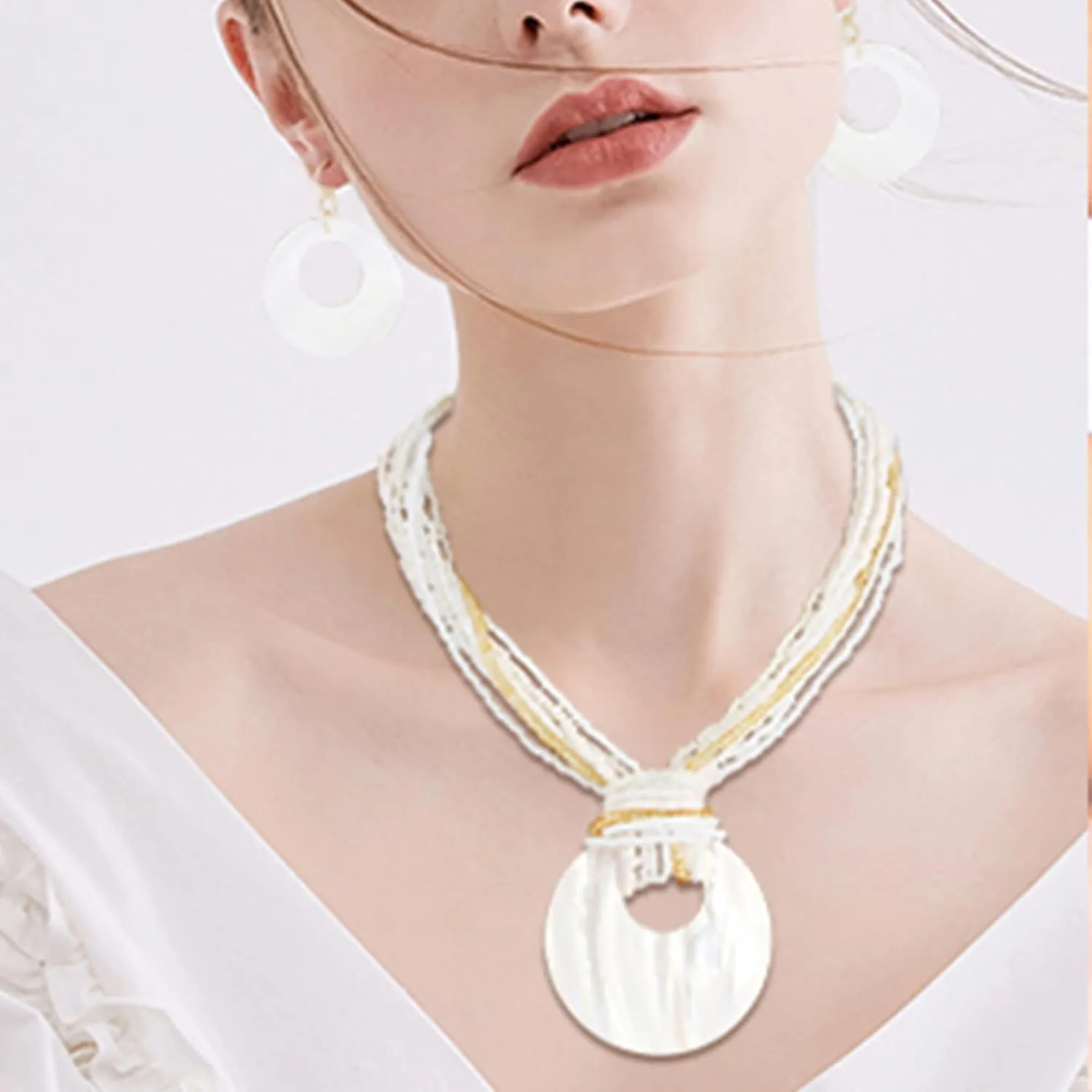 Coiris Multi Strand Statement Colorful Beaded Necklace with Big Circle Shell Pendant for Women