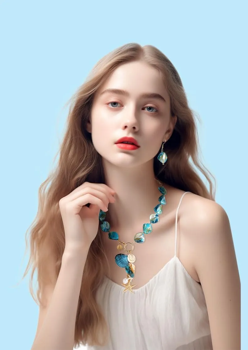 Coiris Natural Seashell Choker Necklaces Earrings Jewelry Set for Women Starfish Shell Freshwater Pearl Collar Necklaces for Women Irregular Mother of Pearl Jewelry Set