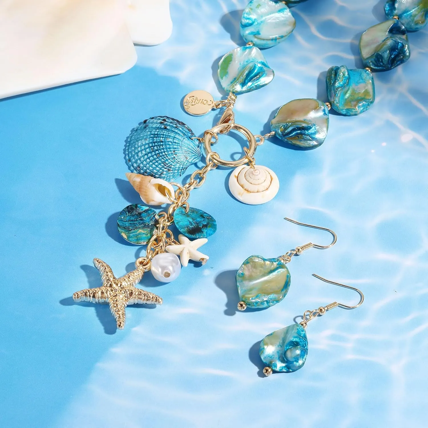 Coiris Natural Seashell Choker Necklaces Earrings Jewelry Set for Women Starfish Shell Freshwater Pearl Collar Necklaces for Women Irregular Mother of Pearl Jewelry Set