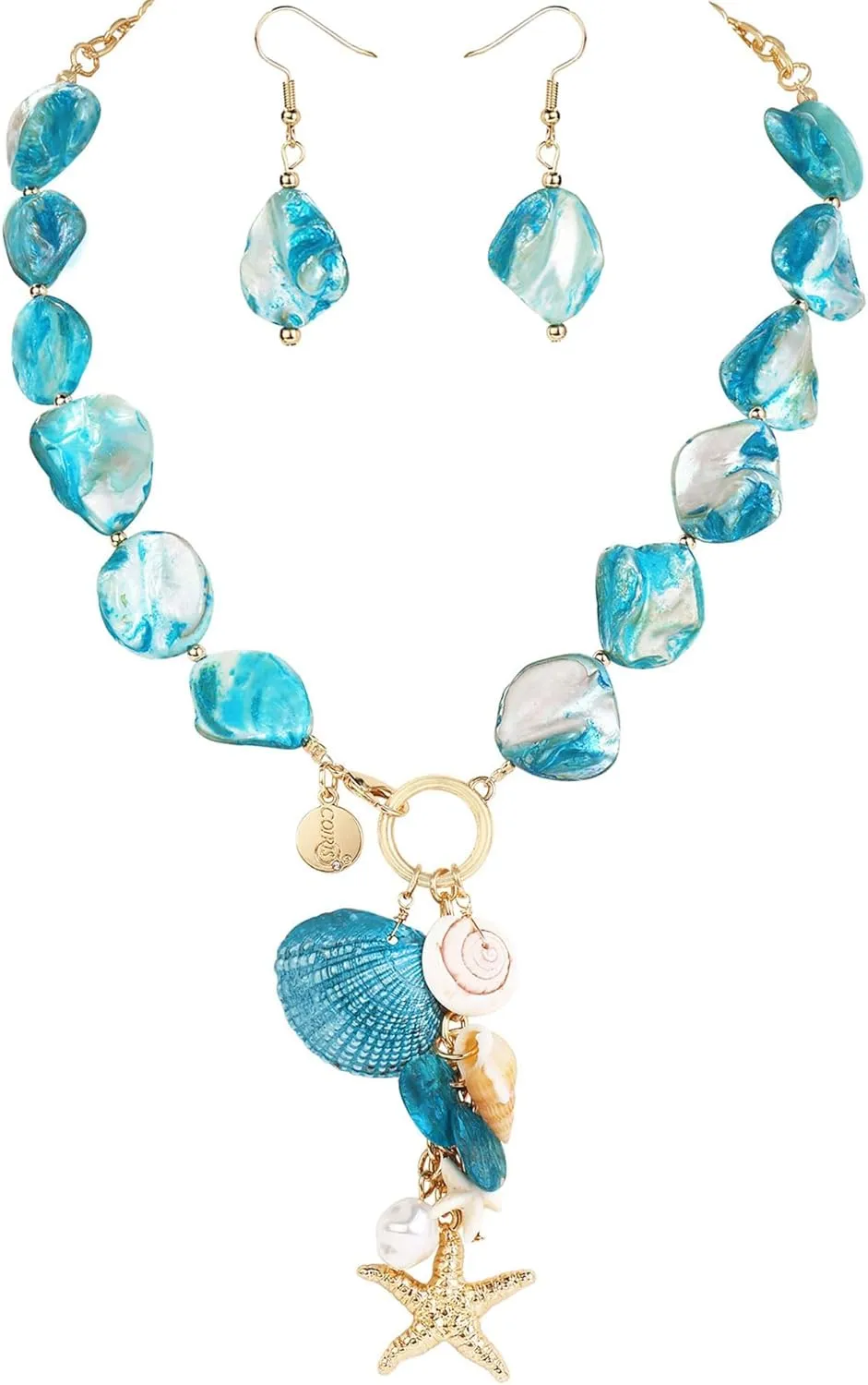Coiris Natural Seashell Choker Necklaces Earrings Jewelry Set for Women Starfish Shell Freshwater Pearl Collar Necklaces for Women Irregular Mother of Pearl Jewelry Set
