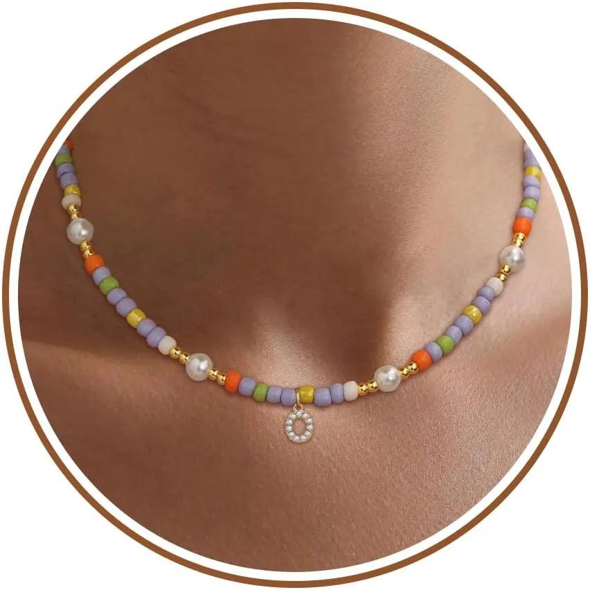 Colorful Beaded Initial Necklaces for Women Boho Jewelry Cute Initial A-Z Choker Necklaces for Women Summer Gifts Jewelry Trendy Sister Birthday Gifts