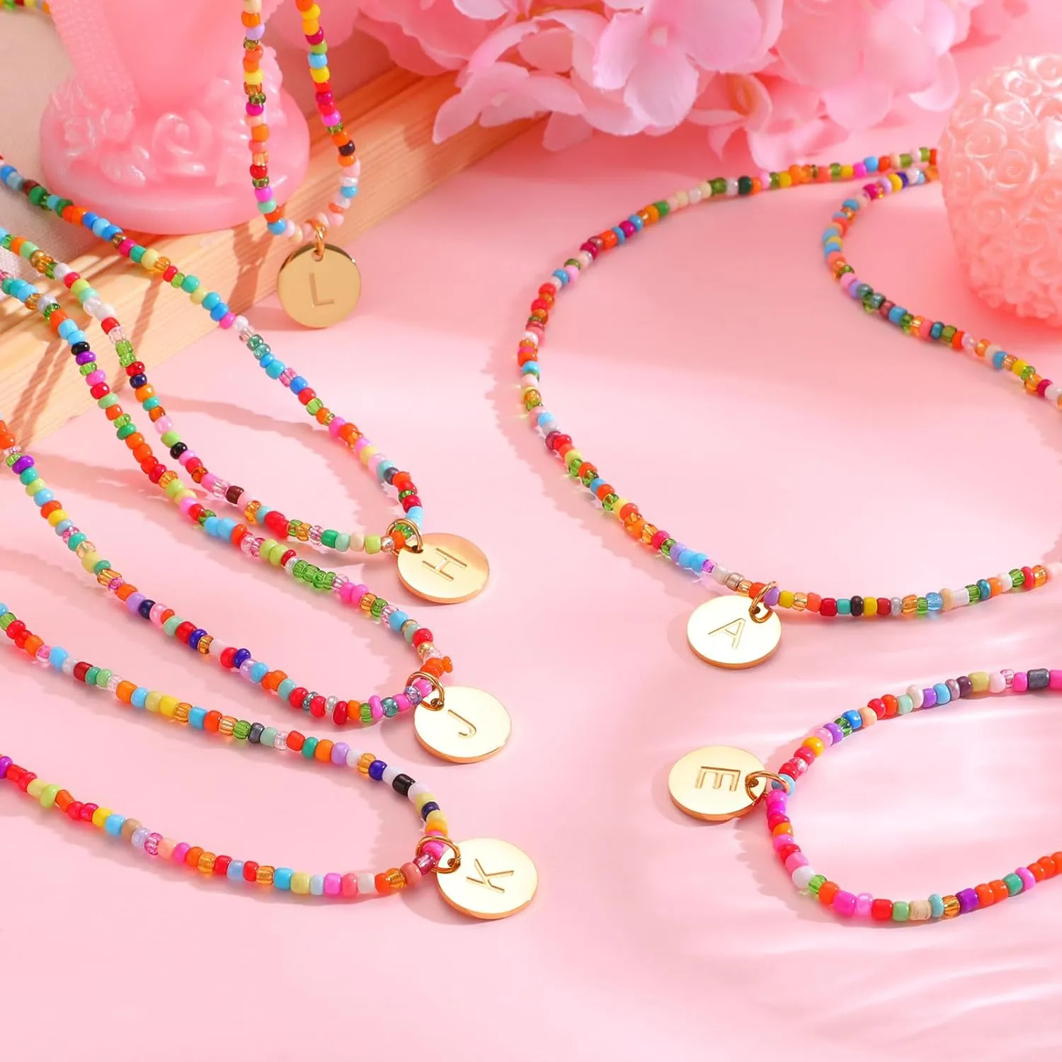 Colorful Beaded Initial Necklaces - Handmade Trendy Gold Beaded Choker Necklace, Letter Necklace Pendant Jewelry for Women Sister Friends,Graduation Christams Holiday Birthday Gift for Daughter Niece