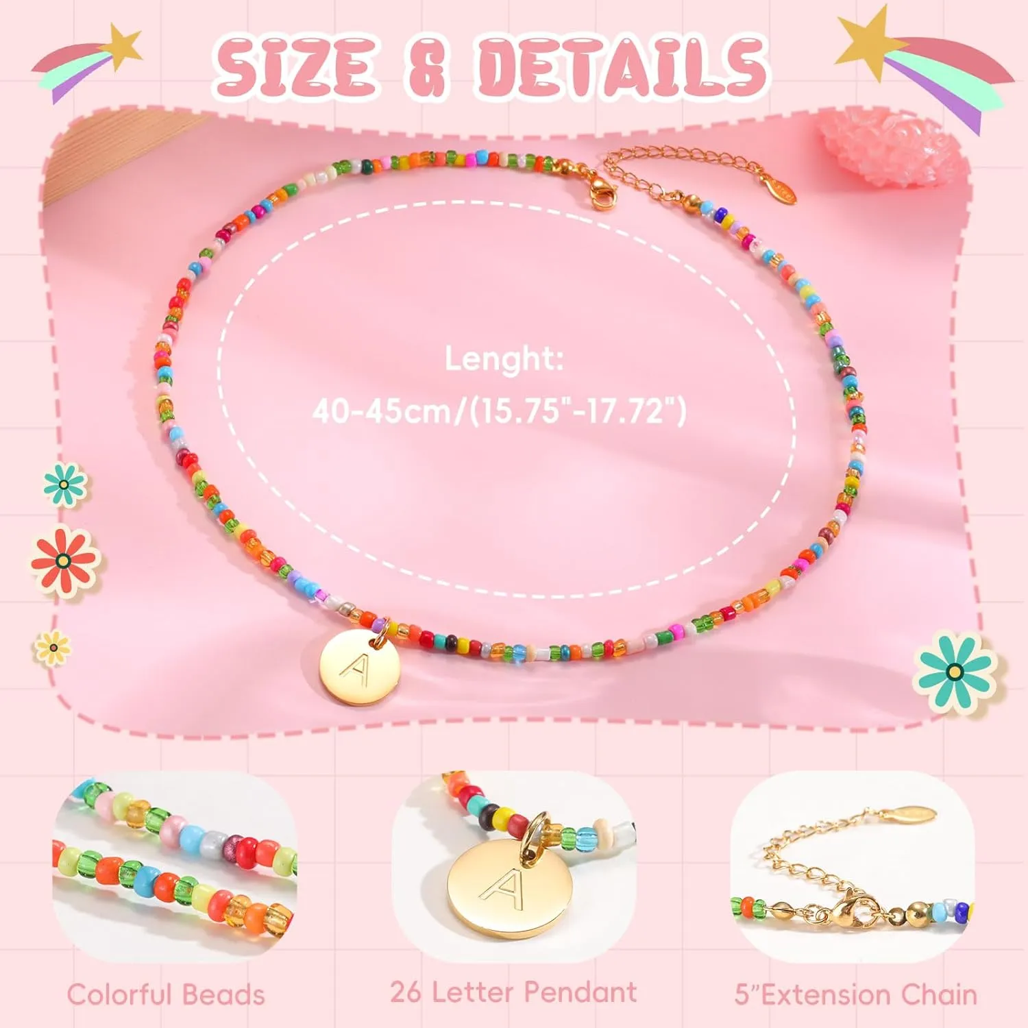 Colorful Beaded Initial Necklaces - Handmade Trendy Gold Beaded Choker Necklace, Letter Necklace Pendant Jewelry for Women Sister Friends,Graduation Christams Holiday Birthday Gift for Daughter Niece