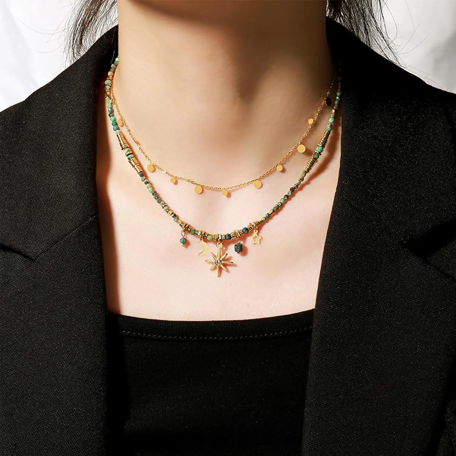 Colorful Beaded Necklace 18K Gold Plated Necklace Y2K Necklaces for Women Trendy Gemstone Necklace Natural Stone Freshwater Pearl Surfer Necklace Set