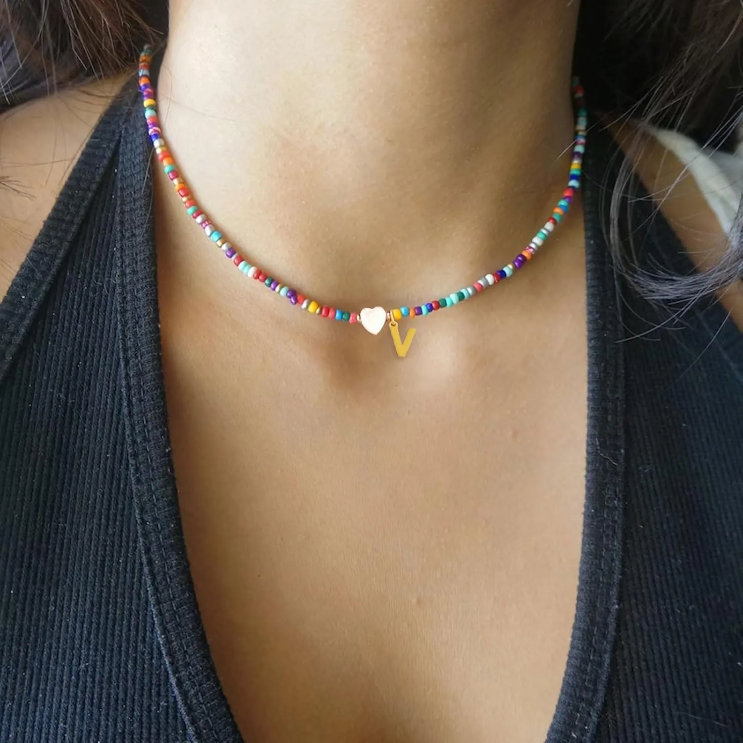 Colorful Beaded Necklaces for Women Beaded Necklace with Initial Charm Bohemian Summer Beach A-Z Pendant Necklaces Personalized Birthday Gifts for Women