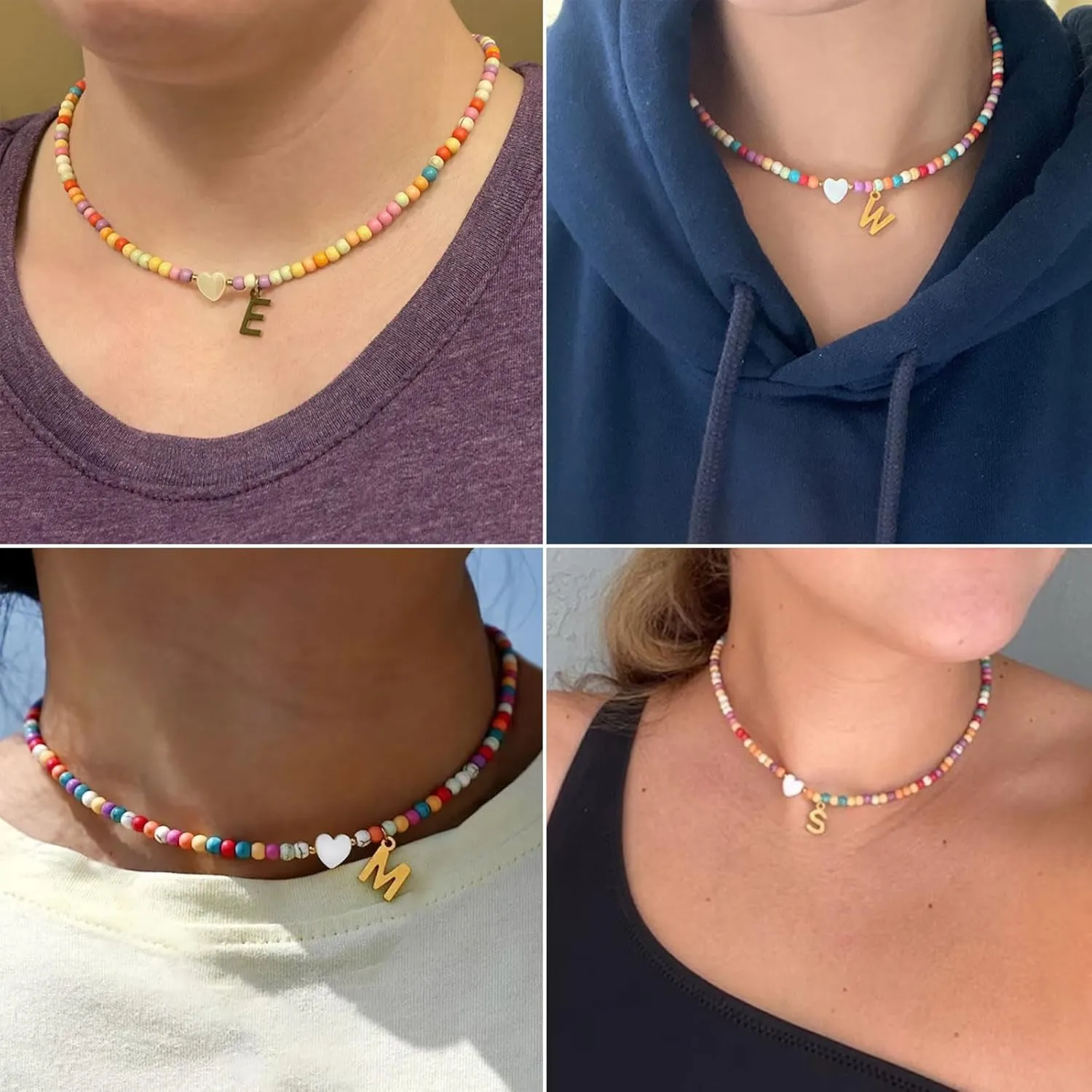 Colorful Beaded Necklaces for Women Beaded Necklace with Initial Charm Bohemian Summer Beach A-Z Pendant Necklaces Personalized Birthday Gifts for Women