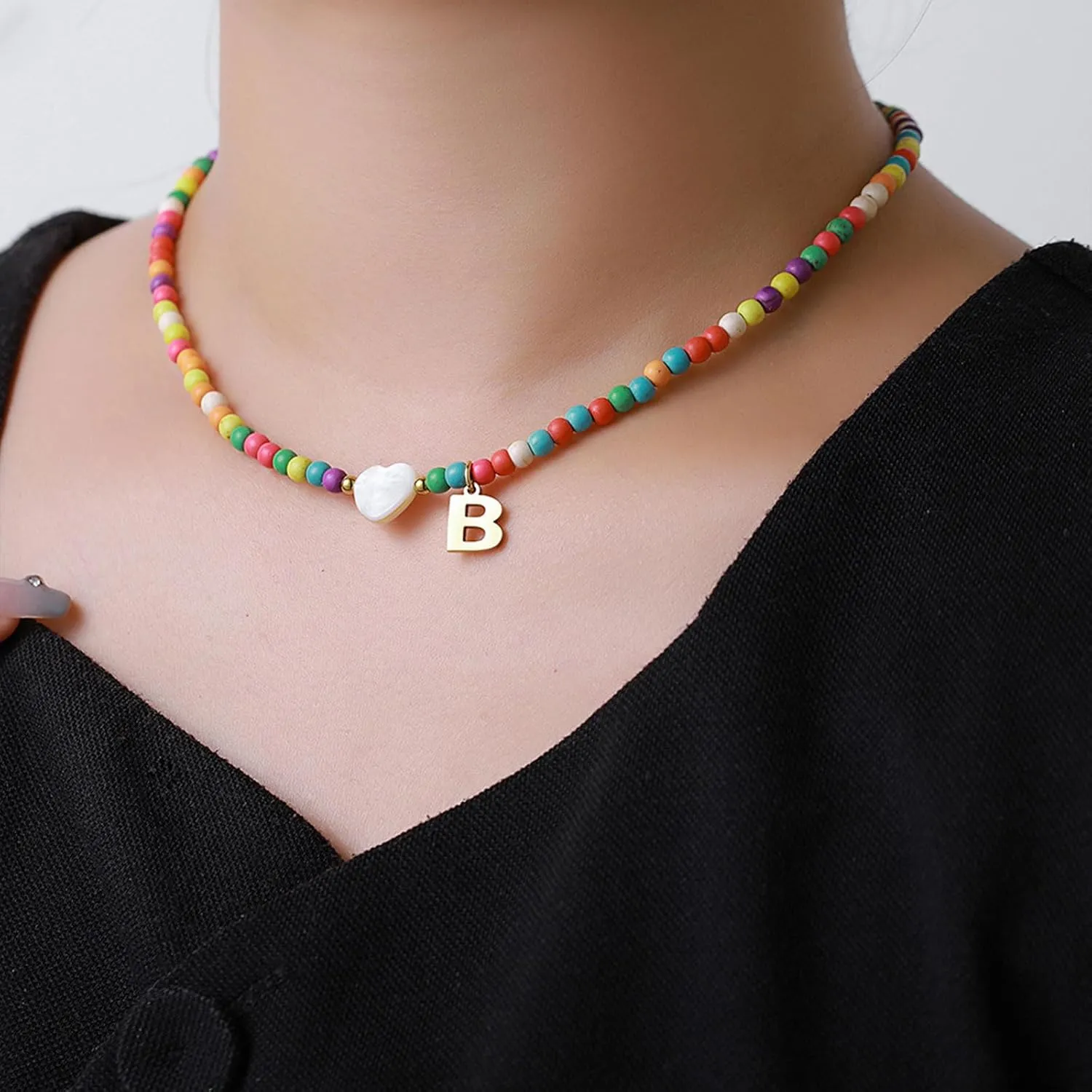 Colorful Beaded Necklaces for Women Beaded Necklace with Initial Charm Bohemian Summer Beach A-Z Pendant Necklaces Personalized Birthday Gifts for Women