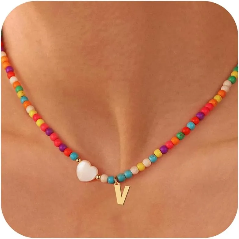Colorful Beaded Necklaces for Women Beaded Necklace with Initial Charm Bohemian Summer Beach A-Z Pendant Necklaces Personalized Birthday Gifts for Women