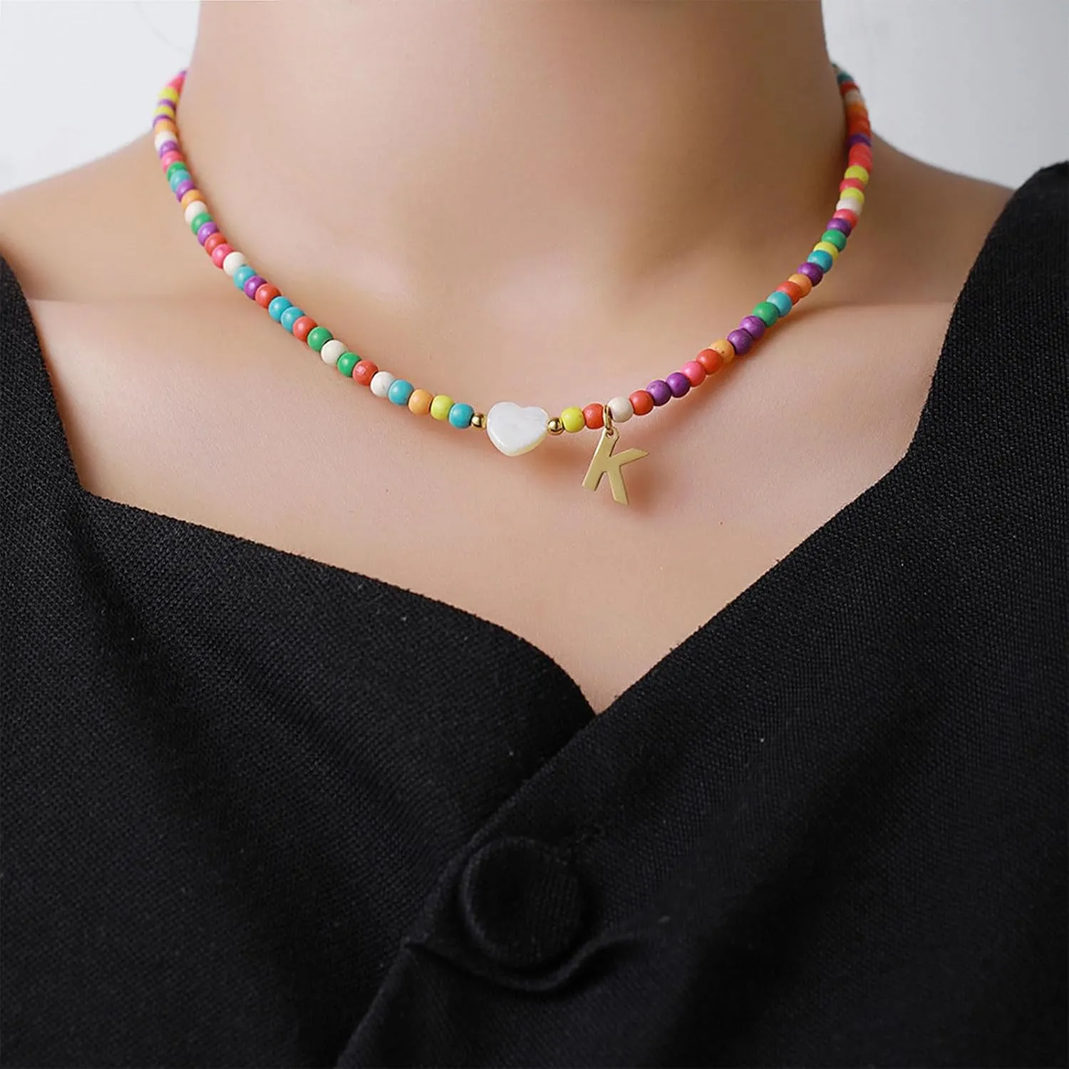 Colorful Beaded Necklaces for Women Beaded Necklace with Initial Charm Bohemian Summer Beach A-Z Pendant Necklaces Personalized Birthday Gifts for Women