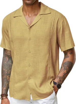 COOFANDY Men's Cuban Guayabera Shirt Short Sleeve Button Down Shirts Casual Summer Beach Linen Shirts