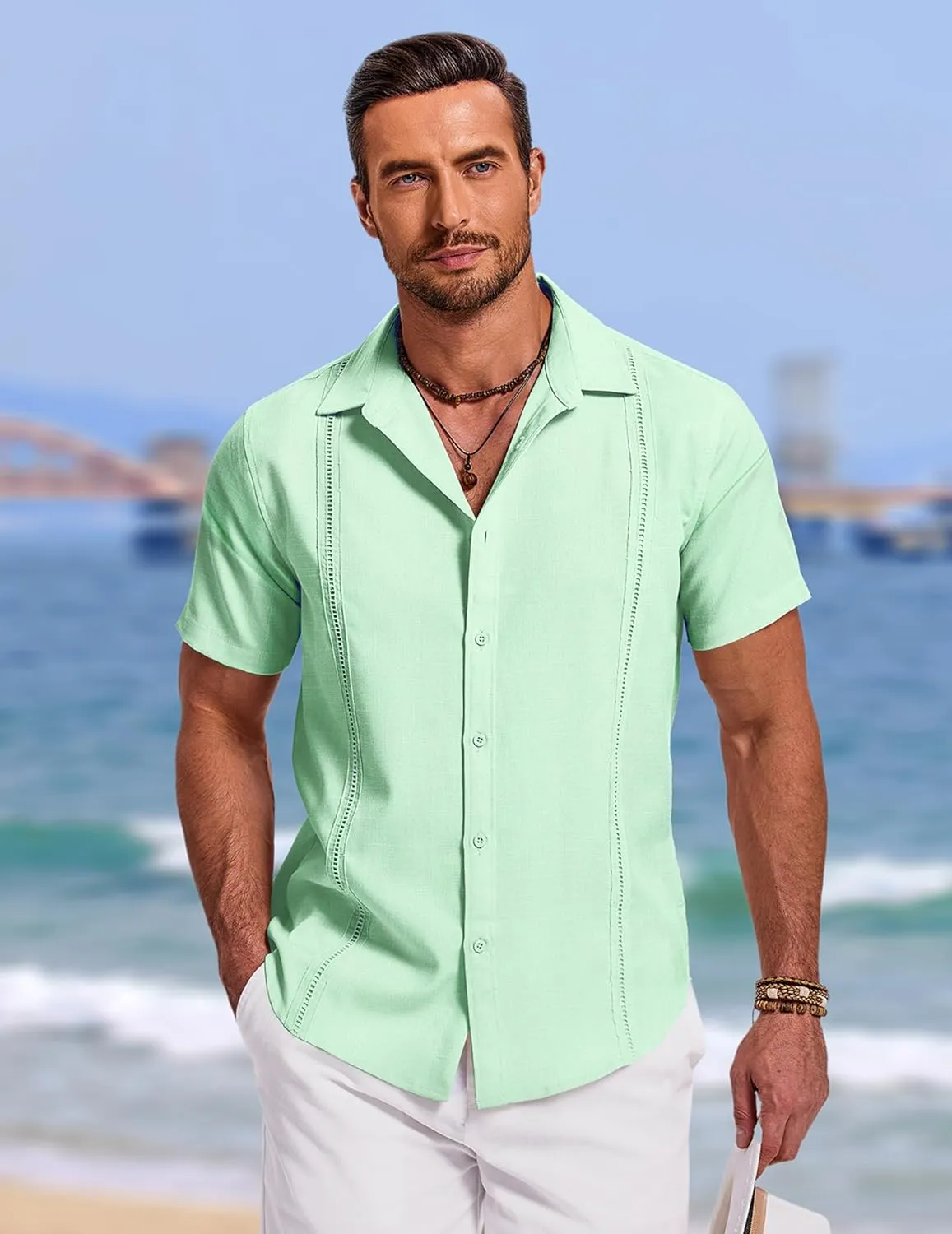 COOFANDY Men's Cuban Guayabera Summer Beach Short Sleeve Casual Vacation Wedding Shirt