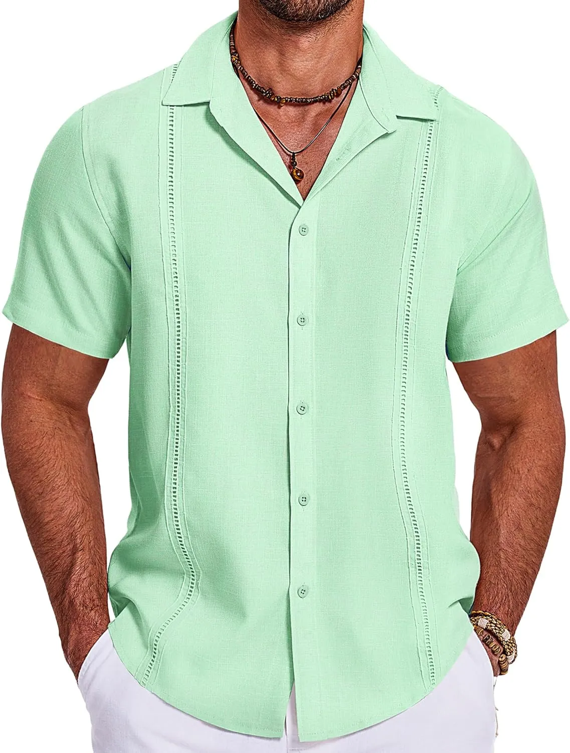 COOFANDY Men's Cuban Guayabera Summer Beach Short Sleeve Casual Vacation Wedding Shirt