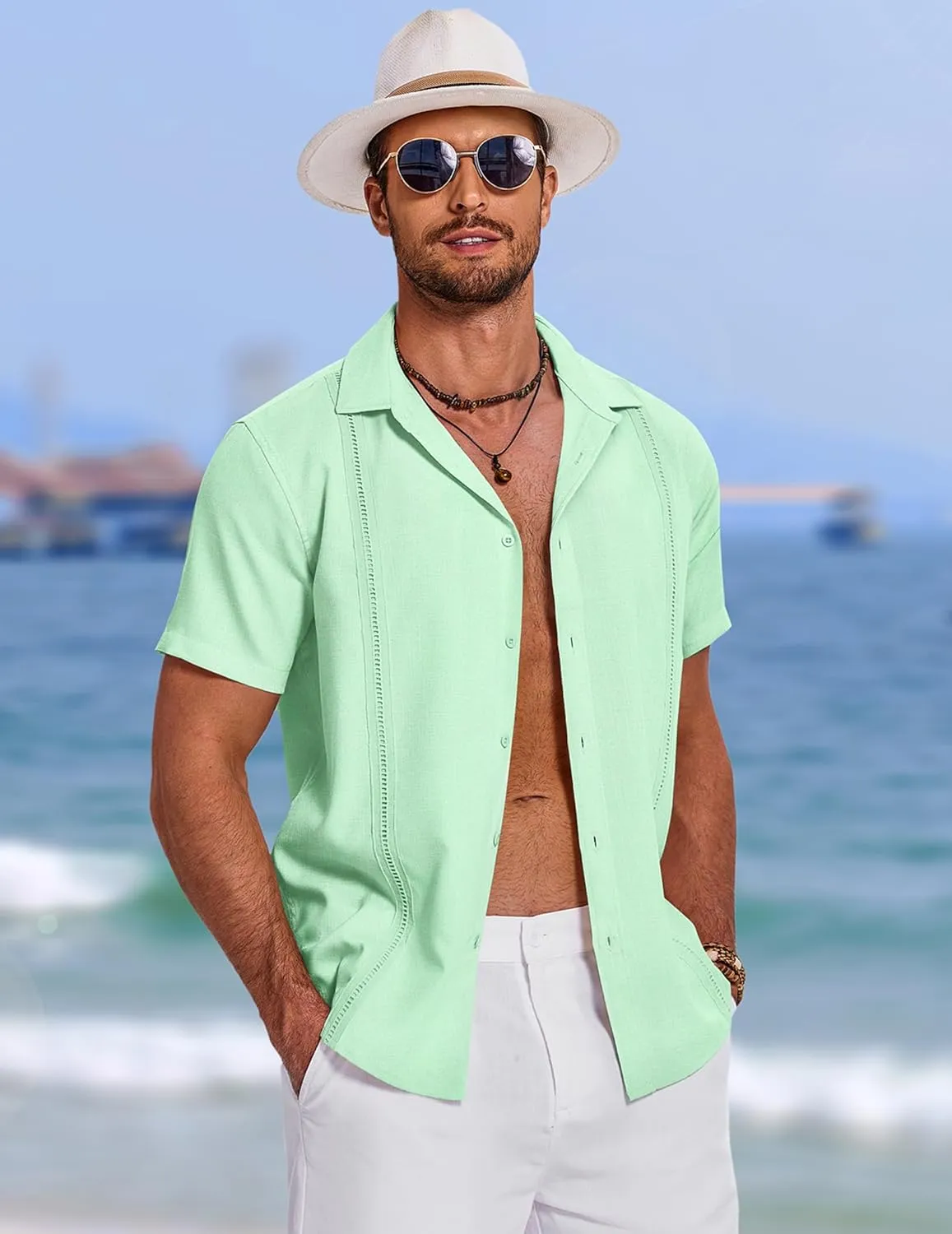 COOFANDY Men's Cuban Guayabera Summer Beach Short Sleeve Casual Vacation Wedding Shirt
