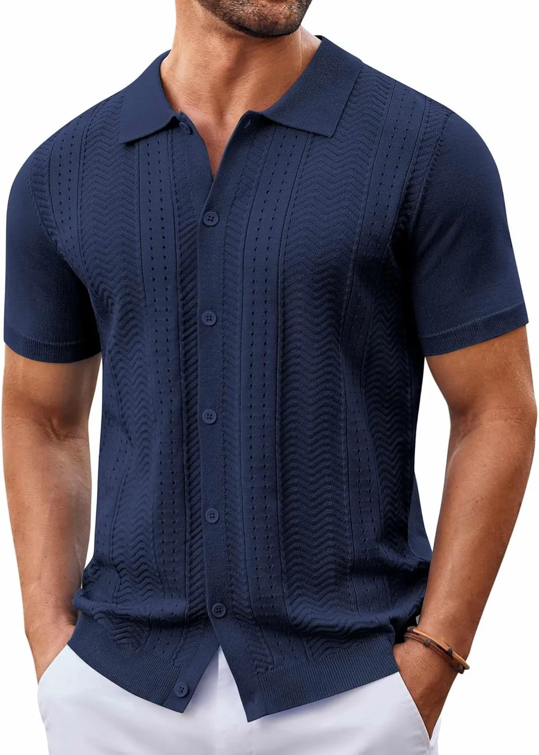 COOFANDY Mens Knit Button Down Shirt Short Sleeve Summer Casual Shirts Vintage Beach Vacation Shirts