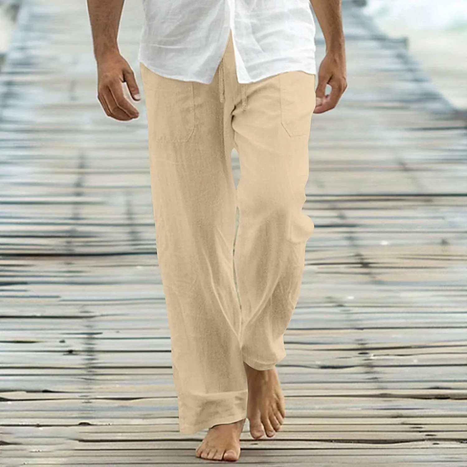 Cotton Linen Men's Wide Leg Linen Pants Elastic Waistband Comfortable Relax Fit Casual Beachwear Yoga Lounge