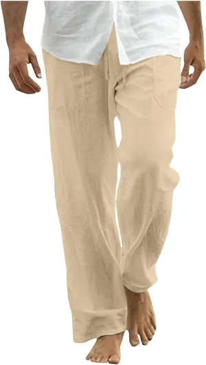 Cotton Linen Men's Wide Leg Linen Pants Elastic Waistband Comfortable Relax Fit Casual Beachwear Yoga Lounge