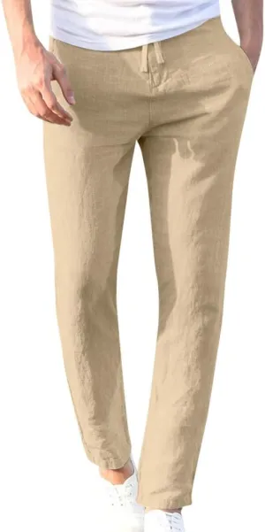 Cotton Men's Casual Pants Lightweight Elastic Drawstring Breathable Relaxed Straight Daily Travel Summer Trousers