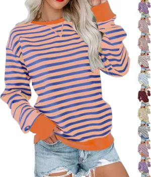 Crewneck Sweatshirts Women Colors Block Striped Fall Sweatshirts Comfy Soft Lightweight Pullover Sweaters Tops