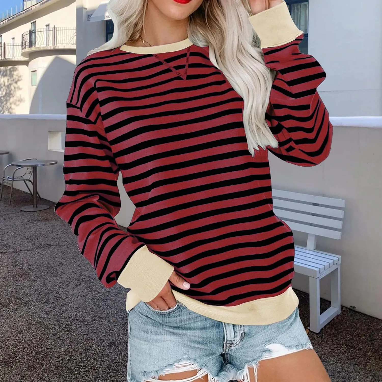 Crewneck Sweatshirts Women Colors Block Striped Fall Sweatshirts Comfy Soft Lightweight Pullover Sweaters Tops