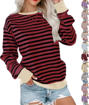 Crewneck Sweatshirts Women Colors Block Striped Fall Sweatshirts Comfy Soft Lightweight Pullover Sweaters Tops