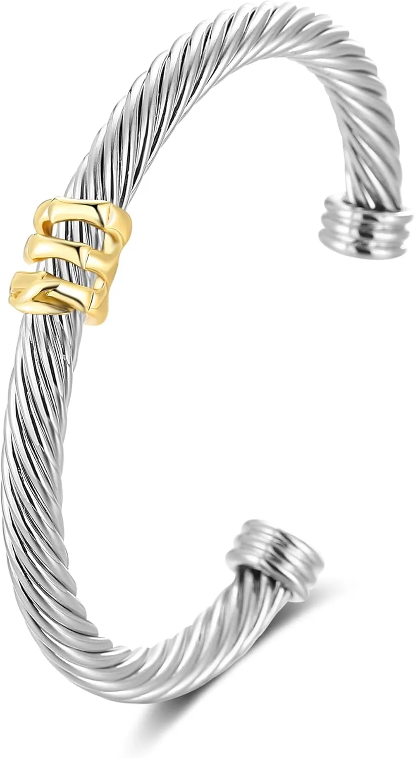 Cuff Bracelet for Women Cable Twisted - Silver Wire Bracelet - Cuff Bangle Two Tone Vintage Bracelets Jewelry Gifts (Link 1)