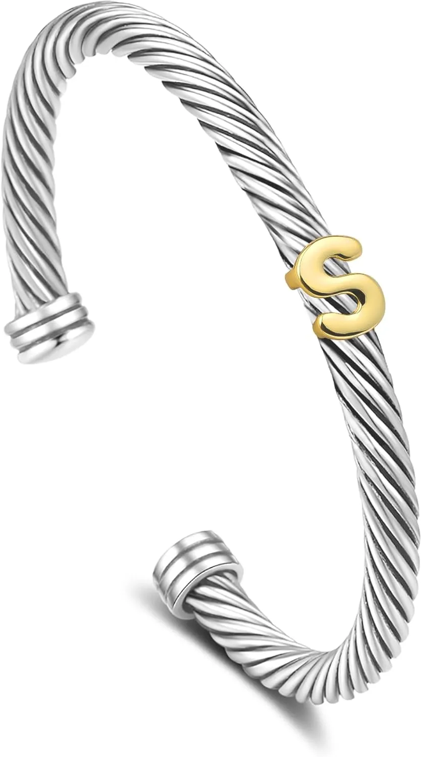 Cuff Bracelet for Women Twisted - Cable Wire Bangle Bracelet Two Tone - Fashion Gold Letter Silver Bracelets Jewelry Gift