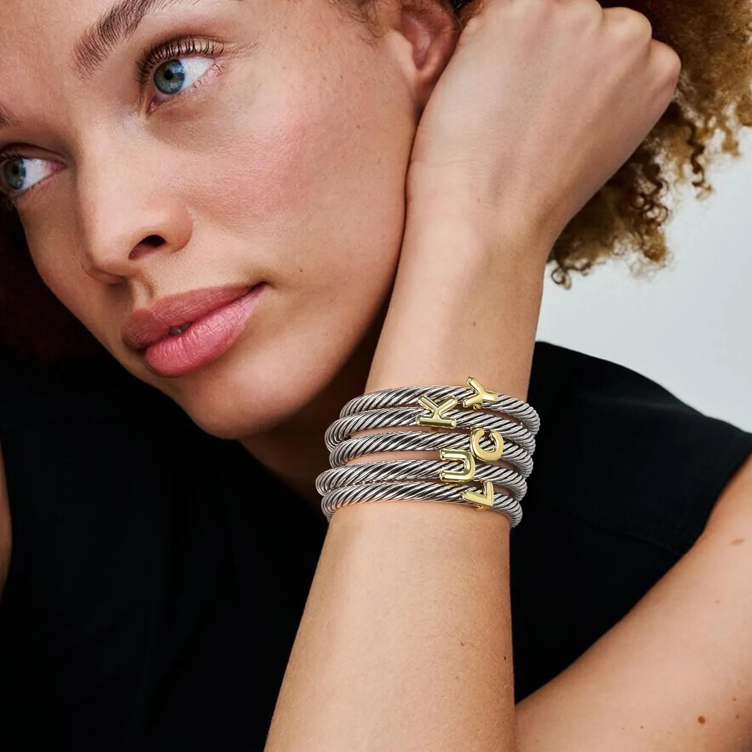Cuff Bracelet for Women Twisted - Cable Wire Bangle Bracelet Two Tone - Fashion Gold Letter Silver Bracelets Jewelry Gift