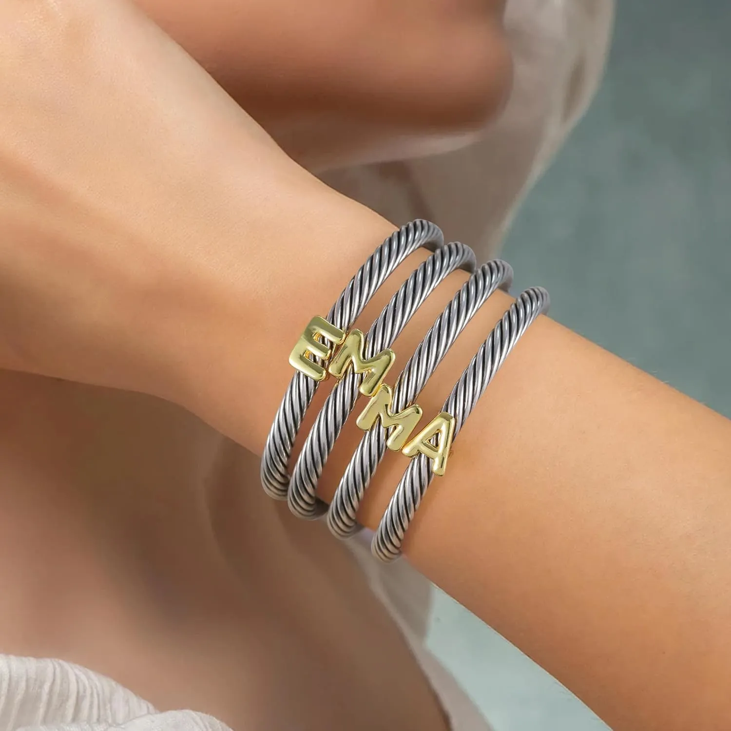 Cuff Bracelet for Women Twisted - Cable Wire Bangle Bracelet Two Tone - Fashion Gold Letter Silver Bracelets Jewelry Gift